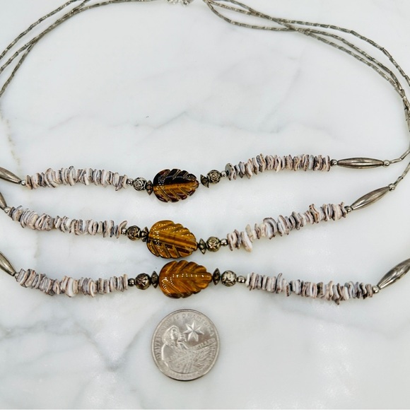 Natural Carved Tigers Eye Necklace Three Strands 925 Sterling Silver Clasp Boho - Picture 9 of 11